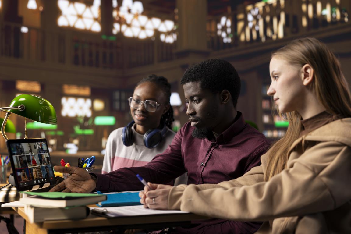 A group of three university students are looking at a tablet together, appearing to collaborate on something