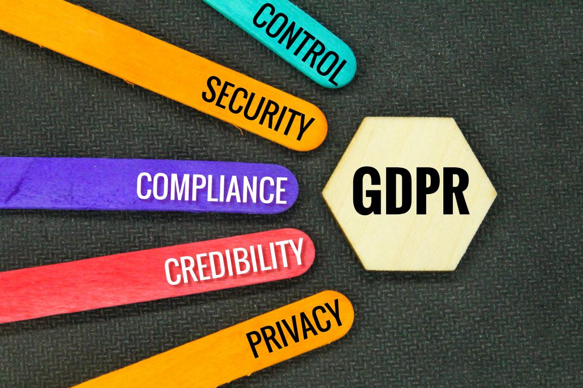 An arrangement of colored sticks labeled with key GDPR concepts like 'Security', 'Compliance', and 'Privacy' surrounding a central 'GDPR' hexagon.