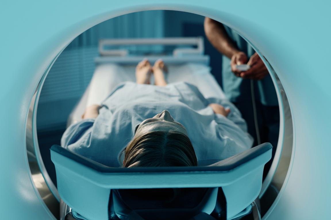 A patient's perspective from inside an MRI scanner, calmly waiting for the imaging process to start.