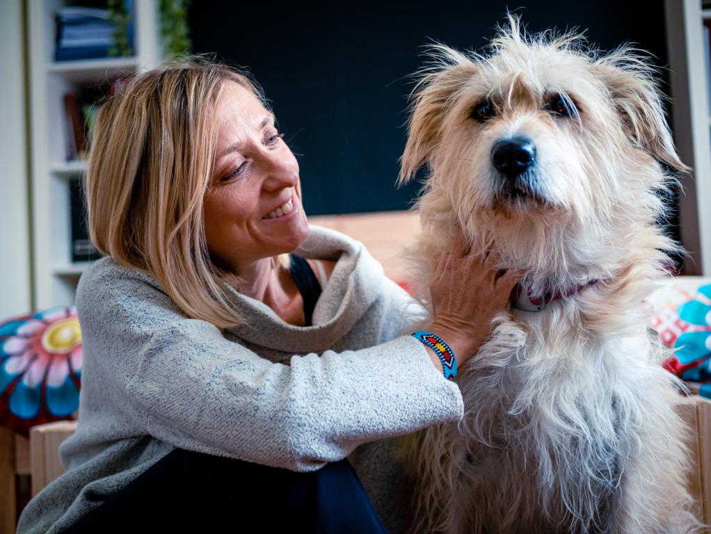 A smiling woman lovingly strokes her scruffy rescue-type dog, showing the deep bond that makes a microchip so important for a pet's safety.