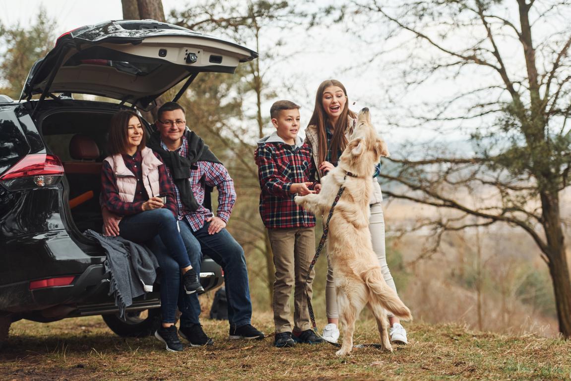 A happy UK family with their golden retriever by the car on a countryside walk, showing the importance of liability cover when out and about.