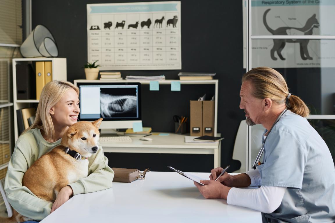 A caring dog owner holds her Shiba Inu while consulting with her vet in an office, discussing the types of treatment covered by insurance.