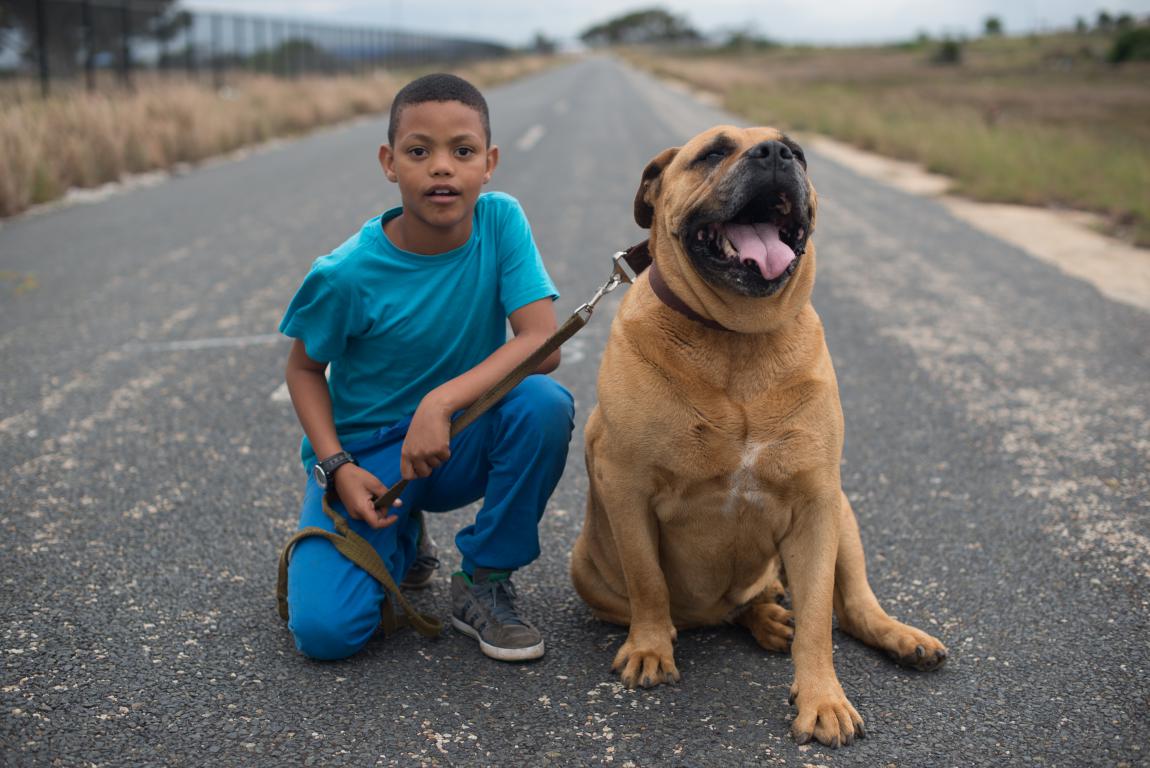 A boy in a blue shirt and pants kneels on an empty paved road next to a large, tan dog with its mouth open, both looking towards the camera.