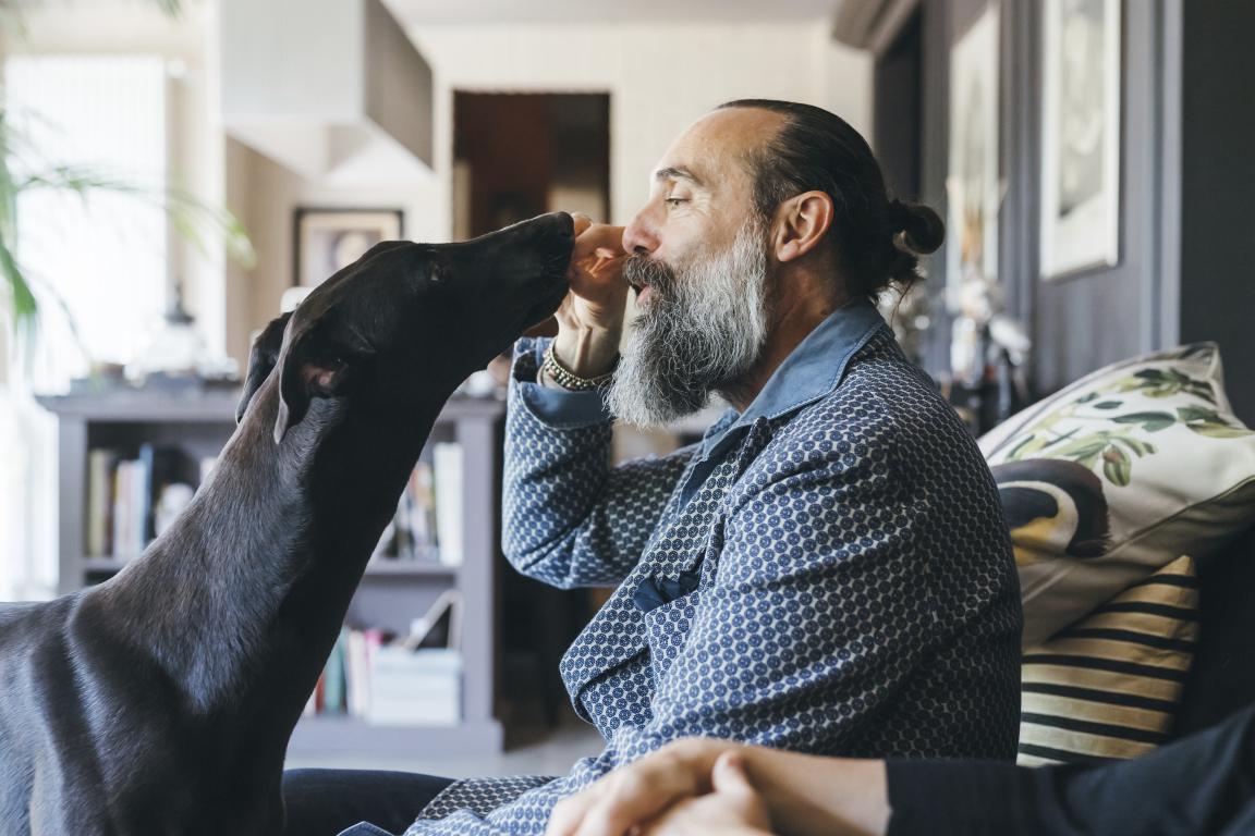 A man with a beard and a patterned blue shirt sits on a sofa, eyes closed in affection as a black Greyhound-type dog gently licks his nose, showcasing a moment of connection