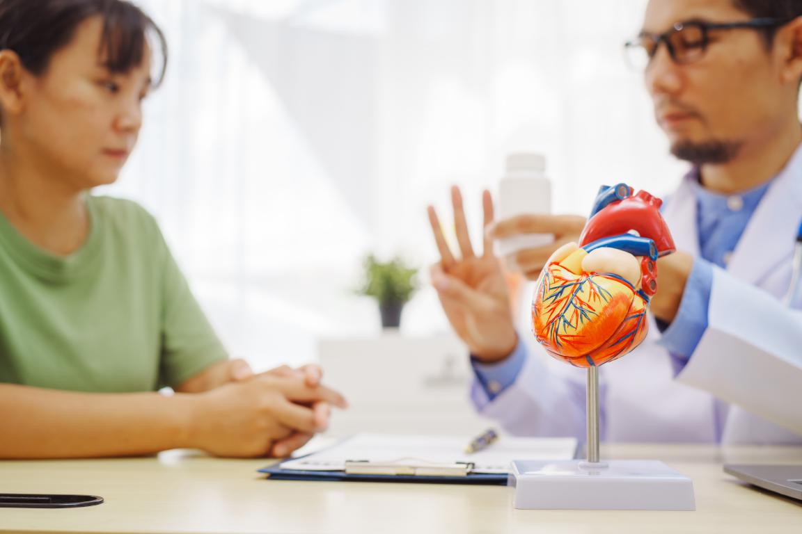 A doctor uses a heart model to clearly explain the upcoming ICD procedure during a patient's pre-admission consultation.