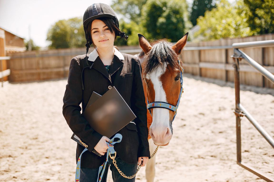  A young female rider in a helmet and riding jacket stands next to a piebald horse in an arena, holding a document, representing responsible horse ownership.