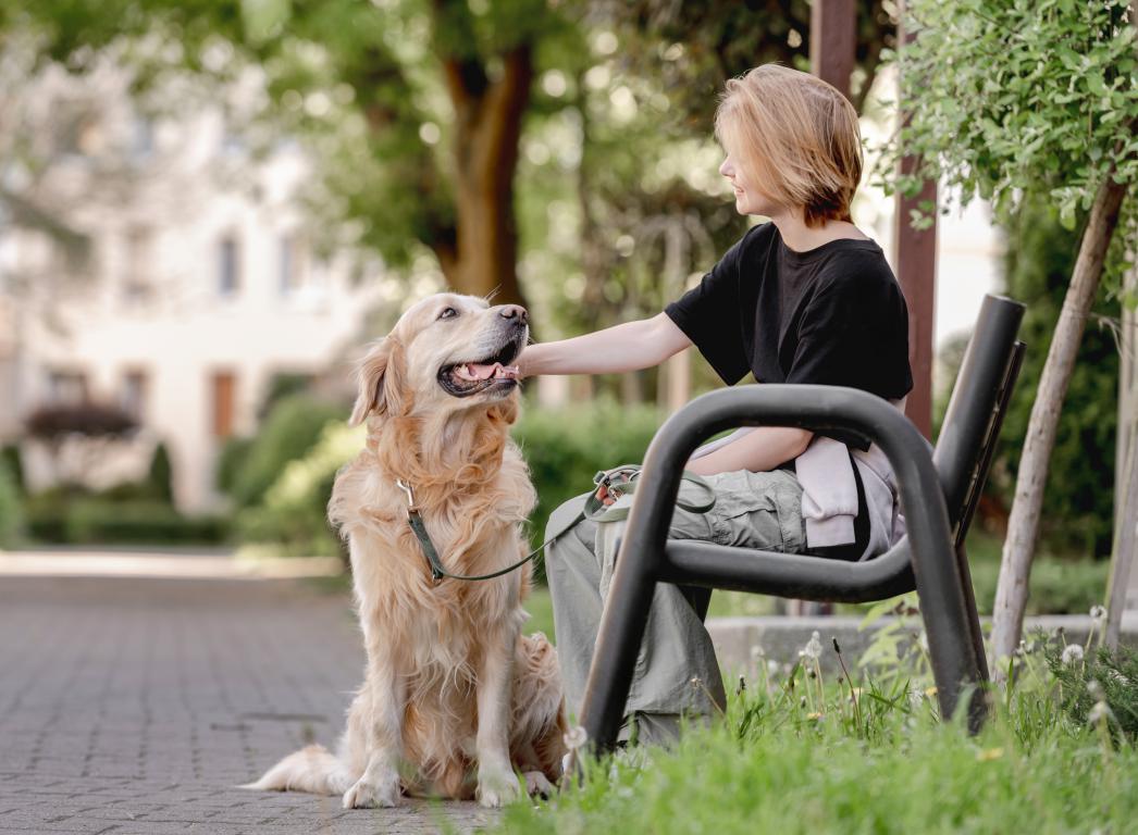 A young woman with short blonde hair sits on a park bench, gently stroking a golden retriever with a happy expression. The dog is on a leash and looking up at her.