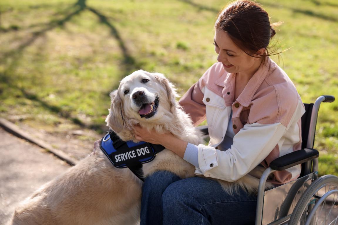 A smiling woman in a pink and white jacket is sitting in a wheelchair, petting a happy golden retriever wearing a "SERVICE DOG" vest. The dog is looking directly at the camera.