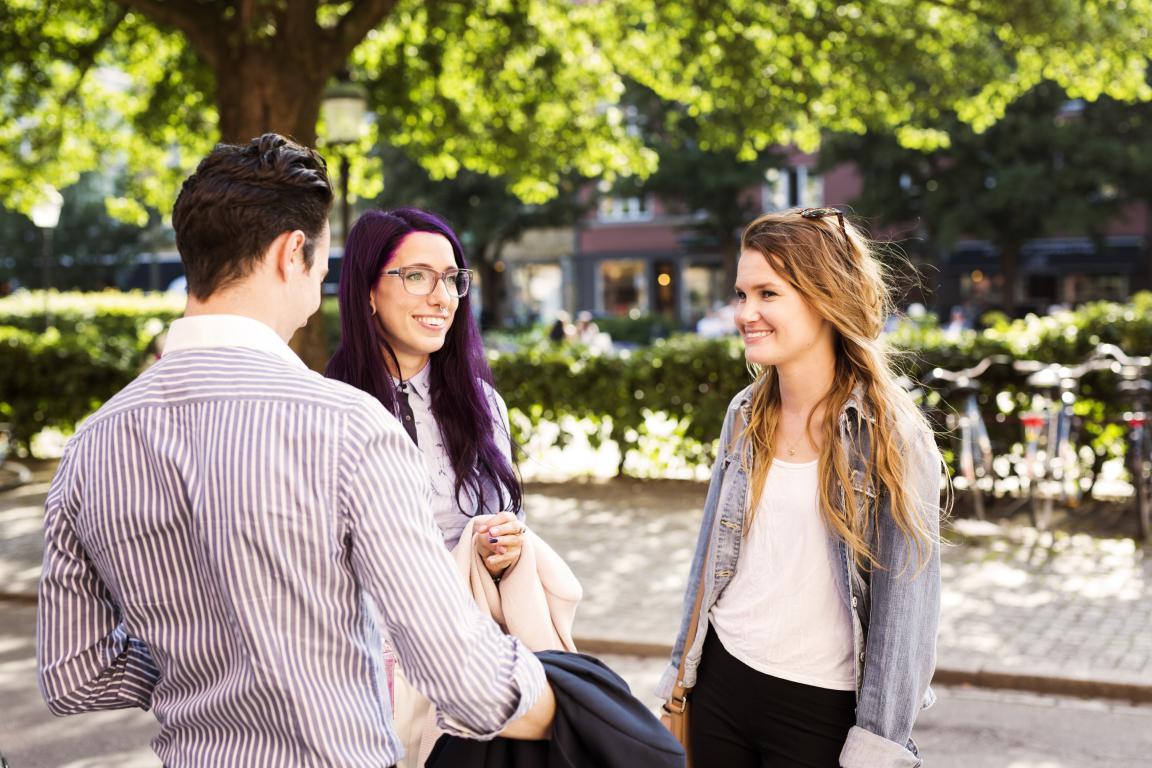 Students chatting in a green area of the university campus.