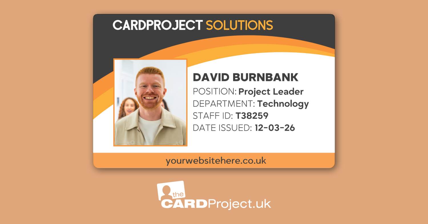 custom employee badge example from The Card Project UK, showing full-colour portrait photo, barcode, department info, and issue date