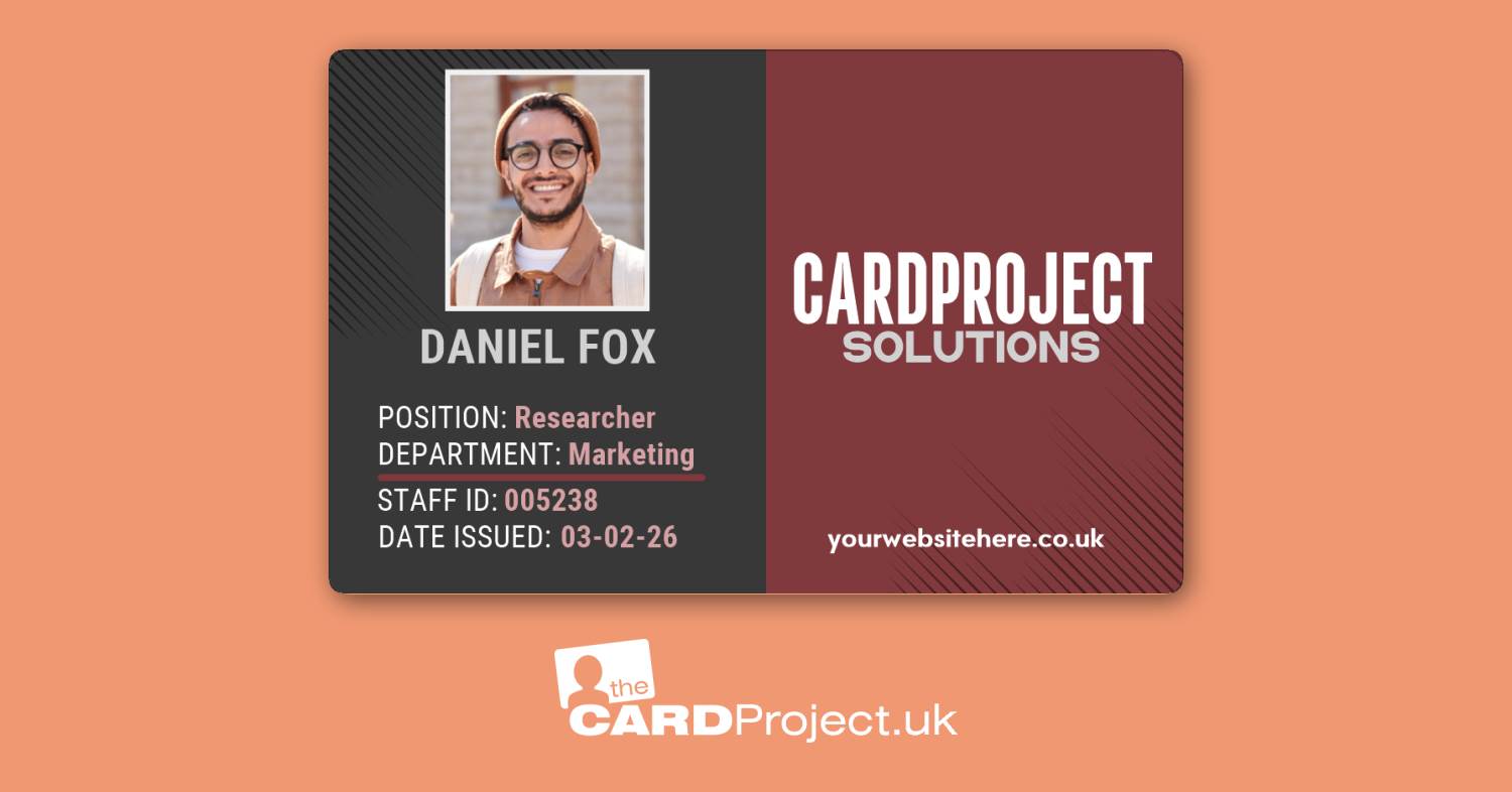 Example of personalised business ID badge produced by The Card Project UK, demonstrating high-quality retransfer printing with photo and custom fields