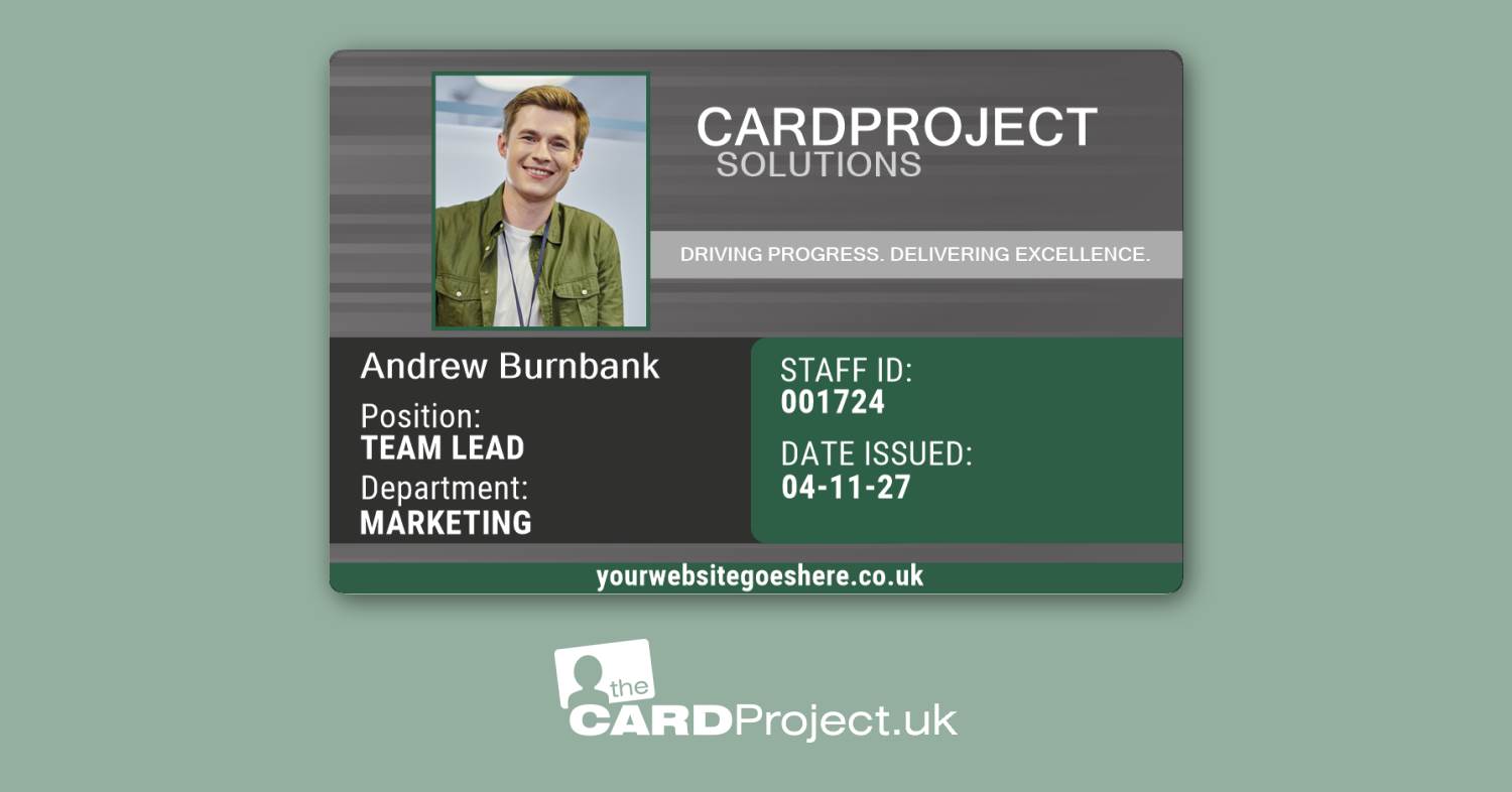 Custom staff ID card example with photo, name, job title on biodegradable plastic